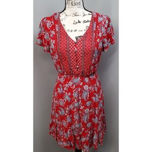 Skies Are Blue Mini Dress Women's S Multi Cinch Waist Puff Sleeve V Neck‎ Button